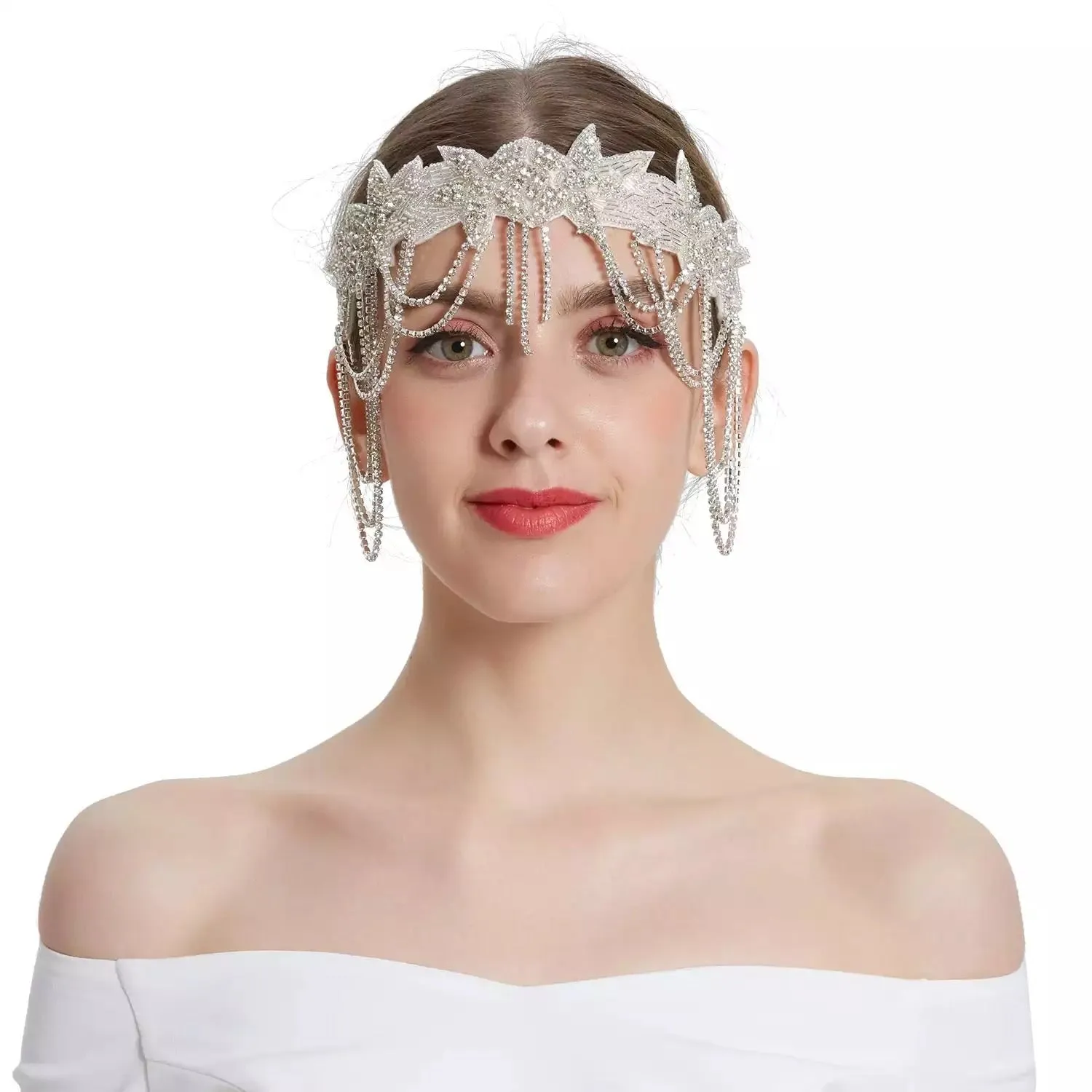 Great Gatsby 1920's Bridal Flapper Feather Headdress Fancy Dress - White (Style 27)