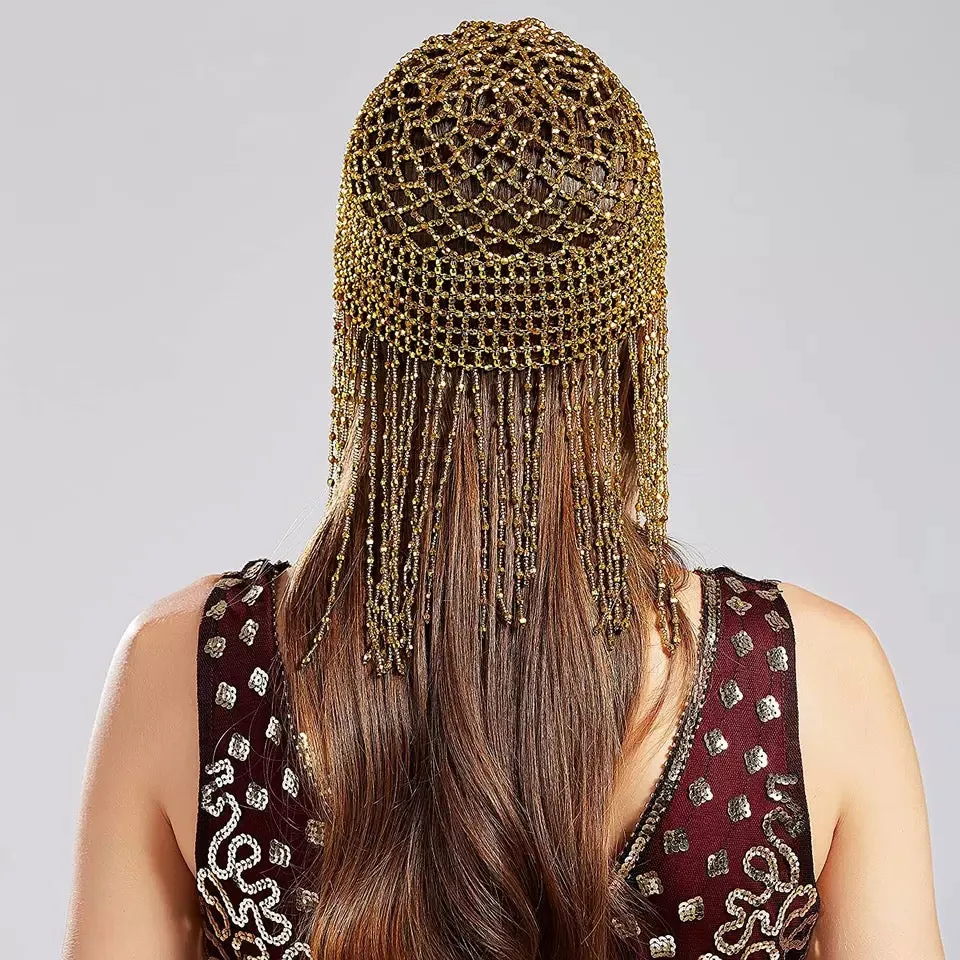 Great Gatsby 1920's Flapper Cleopatra Beaded Headdress Cap Fancy Dress - Gold (Style 28)