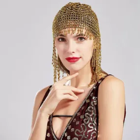 Great Gatsby 1920's Flapper Cleopatra Beaded Headdress Cap Fancy Dress - Gold (Style 28)