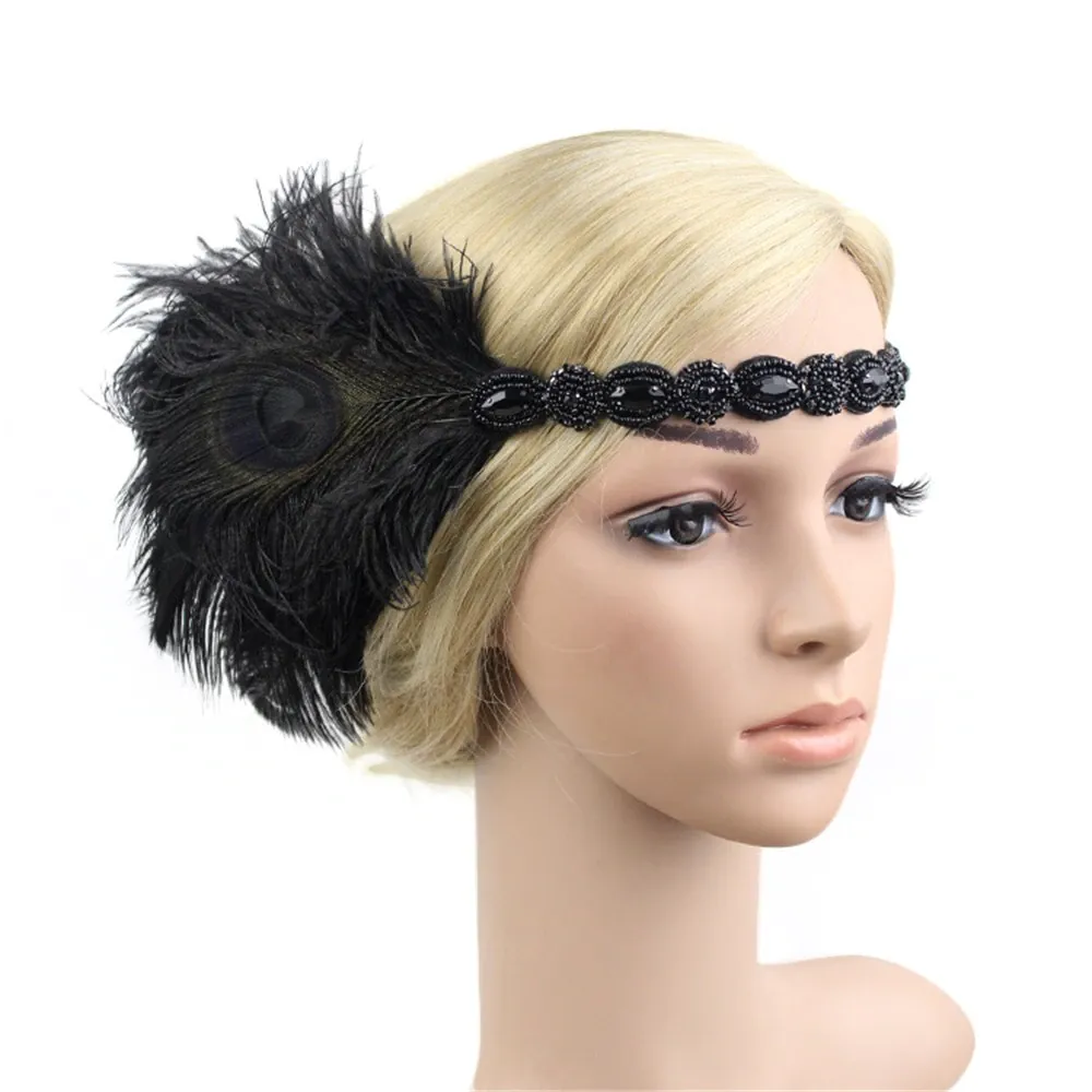 Great Gatsby 1920's Flapper Feather Headdress Fancy Dress - Black (Style 10)