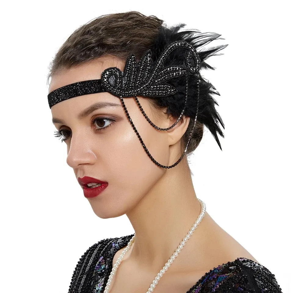 Great Gatsby 1920's Flapper Feather Headdress Fancy Dress - Black (Style 18)