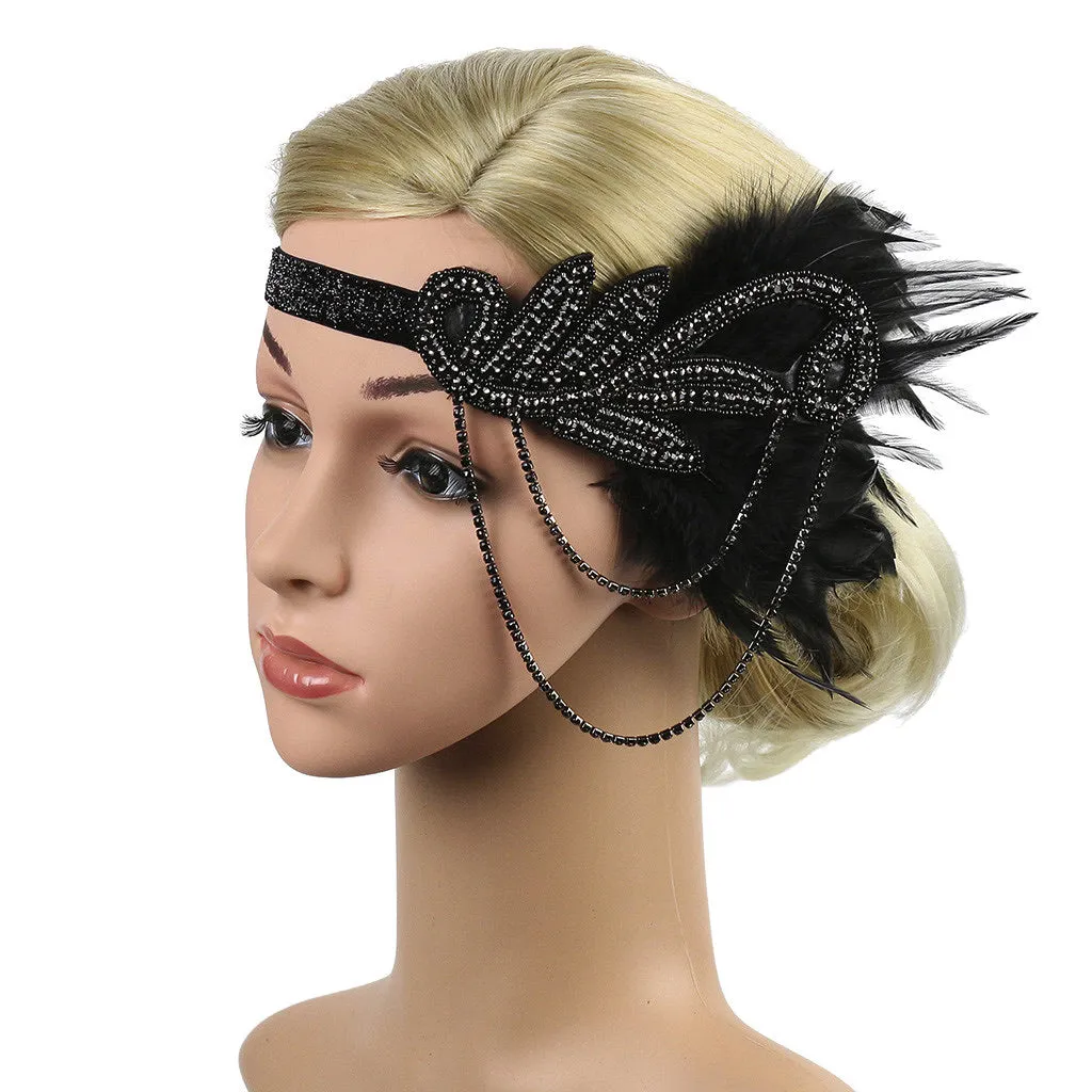 Great Gatsby 1920's Flapper Feather Headdress Fancy Dress - Black (Style 18)