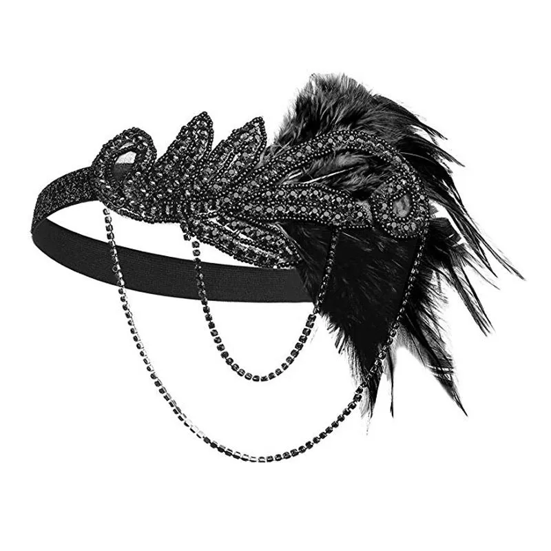 Great Gatsby 1920's Flapper Feather Headdress Fancy Dress - Black (Style 18)