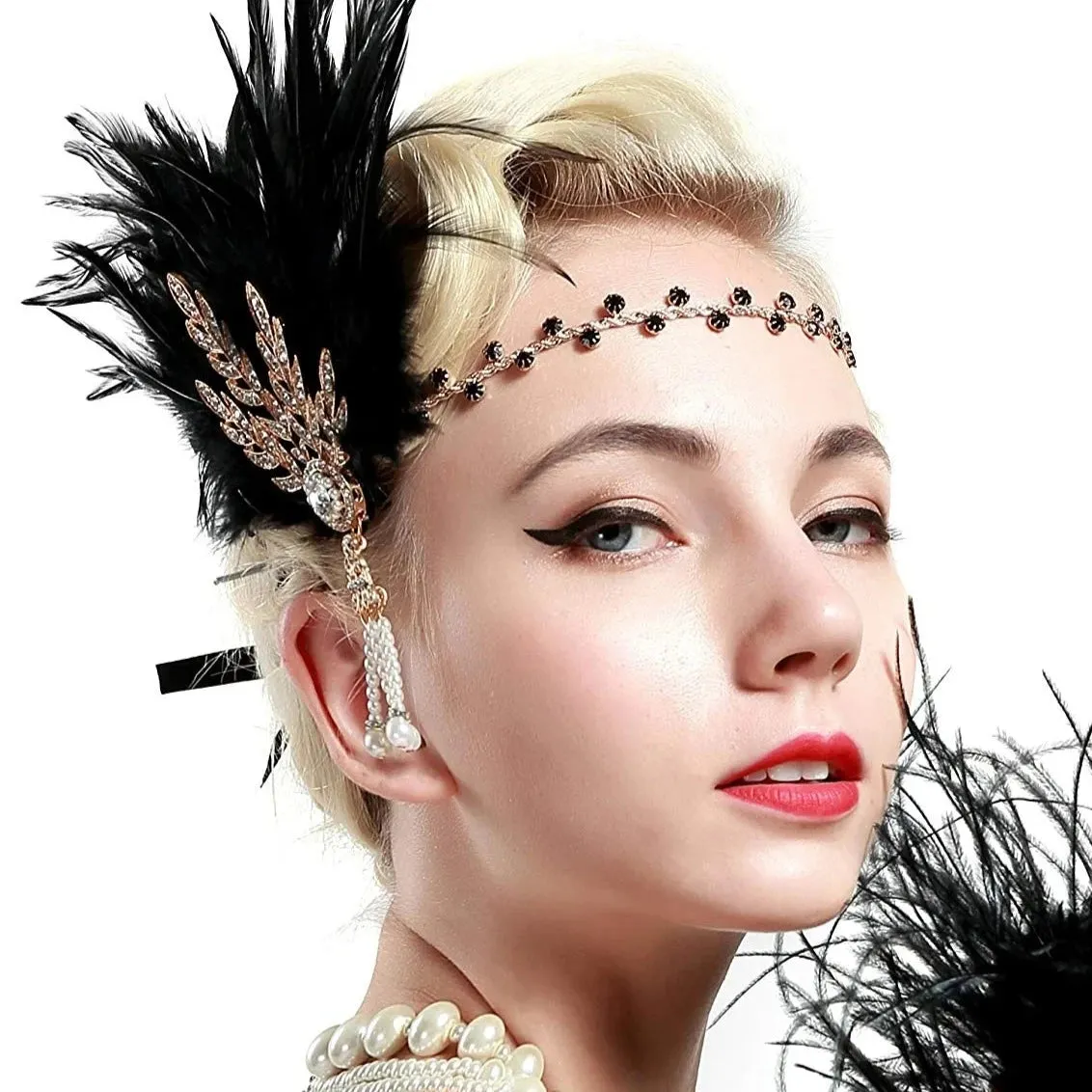 Great Gatsby 1920's Flapper Feather Headdress Fancy Dress - Black (Style 19)