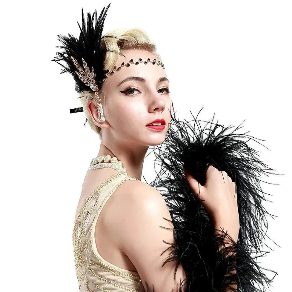 Great Gatsby 1920's Flapper Feather Headdress Fancy Dress - Black (Style 19)