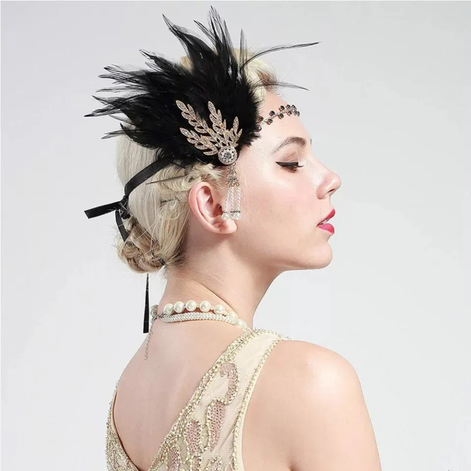 Great Gatsby 1920's Flapper Feather Headdress Fancy Dress - Black (Style 19)