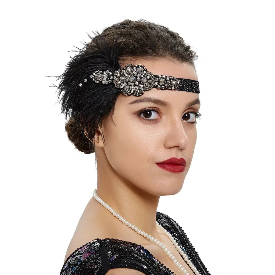 Great Gatsby 1920's Flapper Feather Headdress Fancy Dress - Black (Style 4)