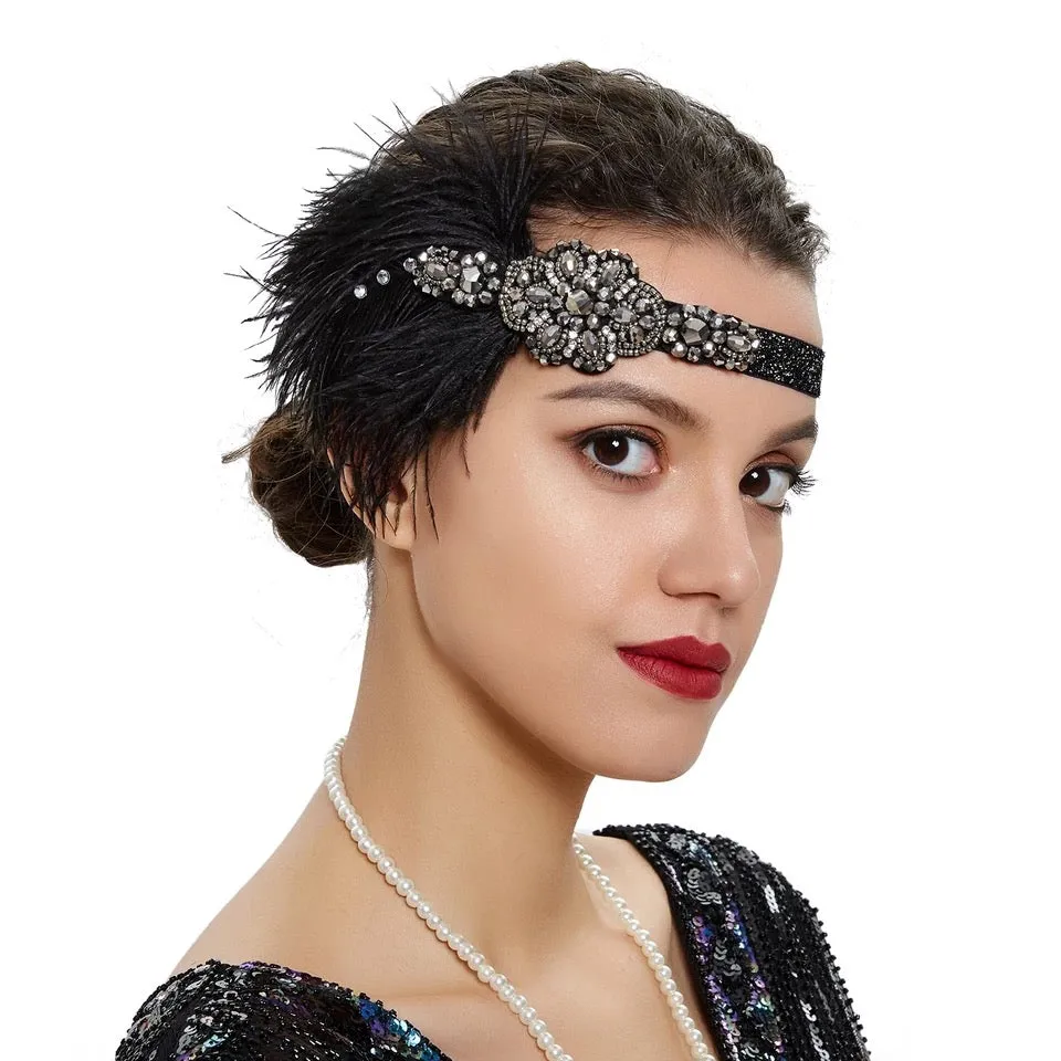 Great Gatsby 1920's Flapper Feather Headdress Fancy Dress - Black (Style 4)