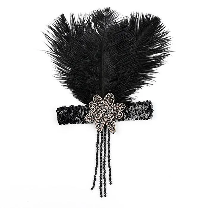 Great Gatsby 1920's Flapper Feather Headdress Fancy Dress - Black (Style 6)