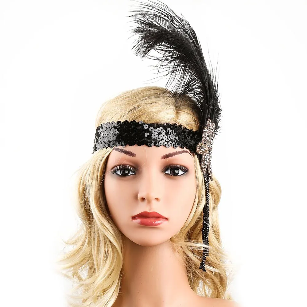Great Gatsby 1920's Flapper Feather Headdress Fancy Dress - Black (Style 6)