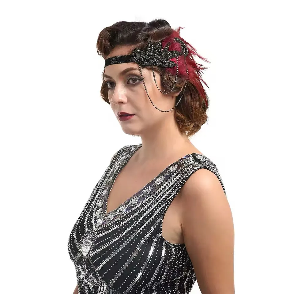 Great Gatsby 1920's Flapper Feather Headdress Fancy Dress - Burgundy (Style 18)