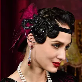 Great Gatsby 1920's Flapper Feather Headdress Fancy Dress - Burgundy (Style 18)
