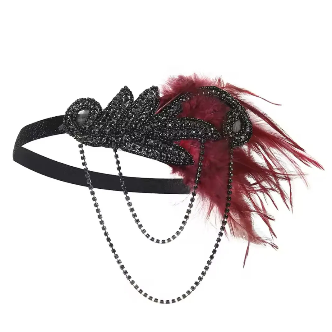 Great Gatsby 1920's Flapper Feather Headdress Fancy Dress - Burgundy (Style 18)