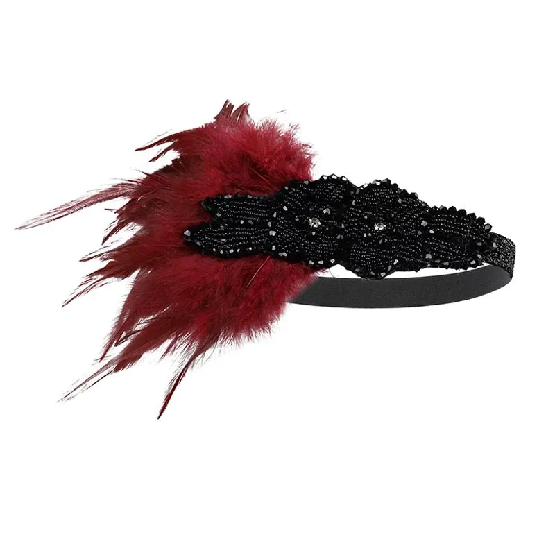 Great Gatsby 1920's Flapper Feather Headdress Fancy Dress - Burgundy (Style 7)
