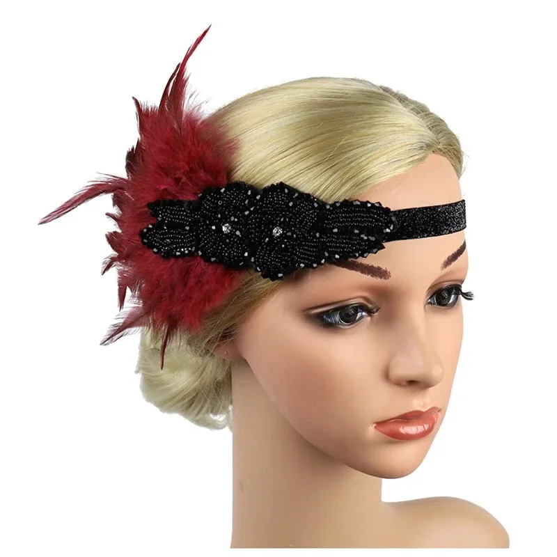 Great Gatsby 1920's Flapper Feather Headdress Fancy Dress - Burgundy (Style 7)