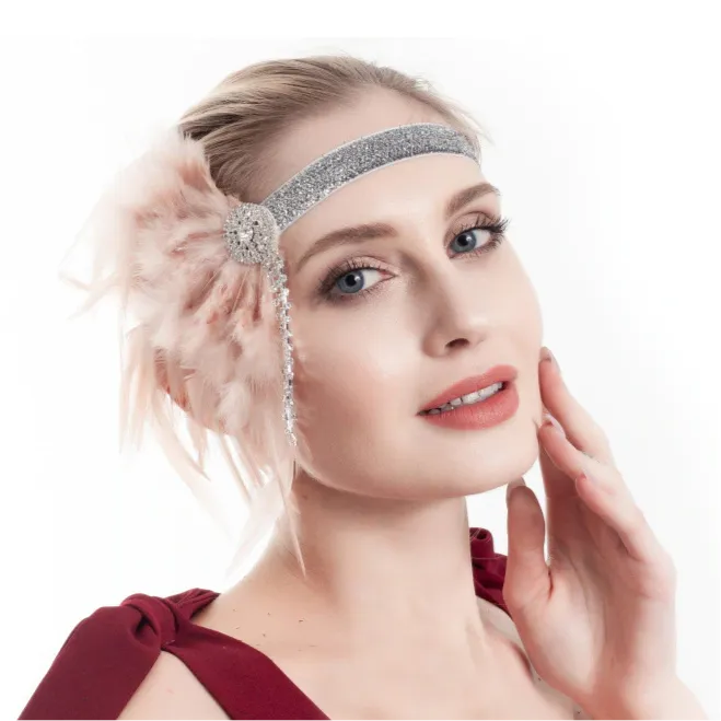 Great Gatsby 1920's Flapper Feather Headdress Fancy Dress - Pink (Style 14)