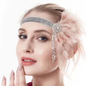 Great Gatsby 1920's Flapper Feather Headdress Fancy Dress - Pink (Style 14)