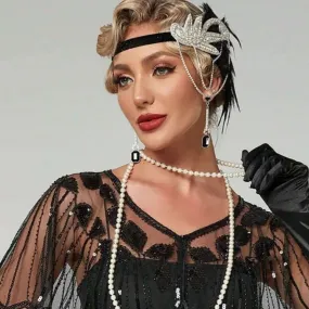 Great Gatsby 1920's Flapper Feather Headdress Fancy Dress - Silver and Black (Style 18)