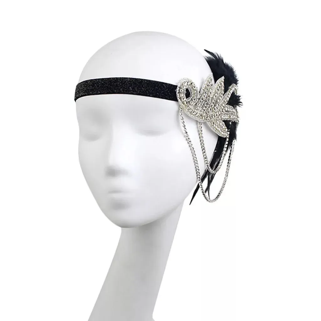 Great Gatsby 1920's Flapper Feather Headdress Fancy Dress - Silver and Black (Style 18)