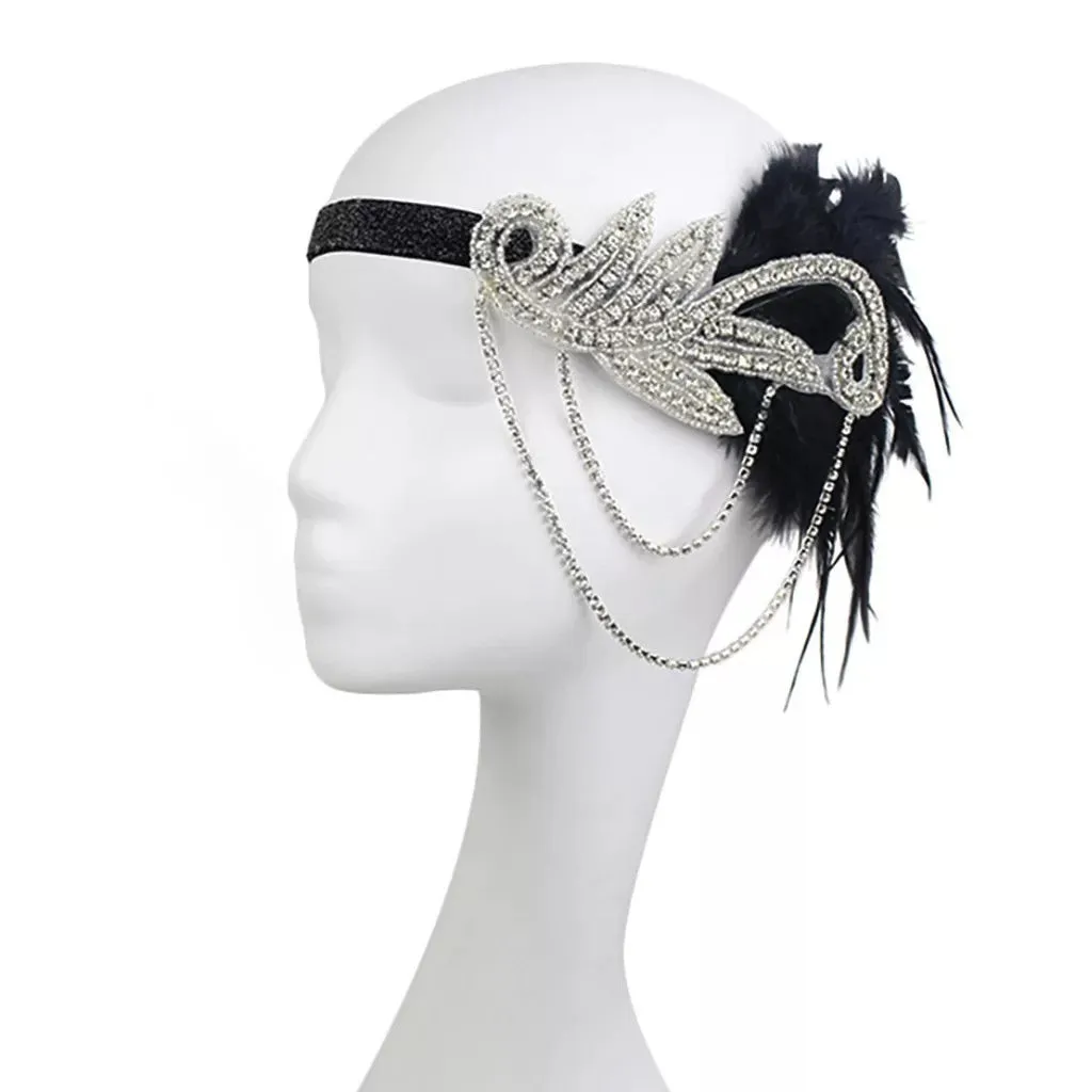 Great Gatsby 1920's Flapper Feather Headdress Fancy Dress - Silver and Black (Style 18)