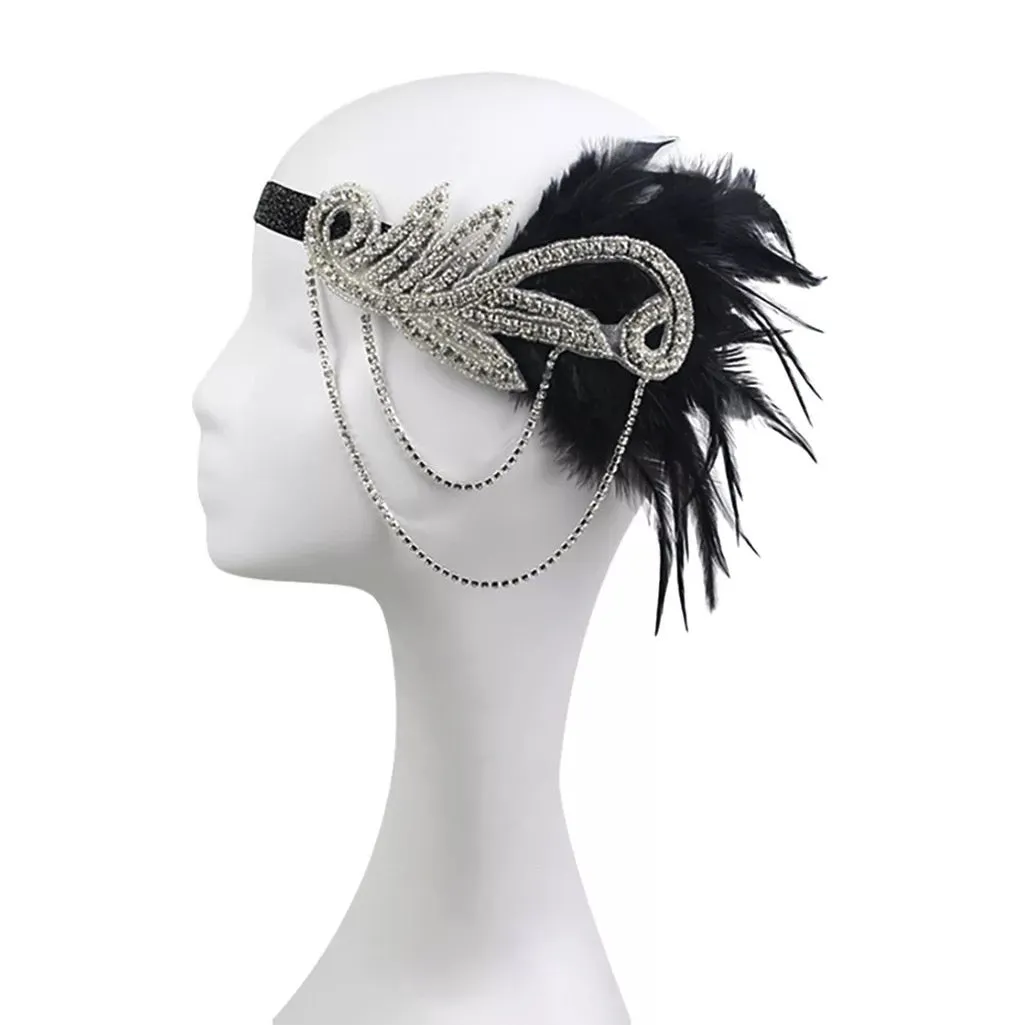 Great Gatsby 1920's Flapper Feather Headdress Fancy Dress - Silver and Black (Style 18)