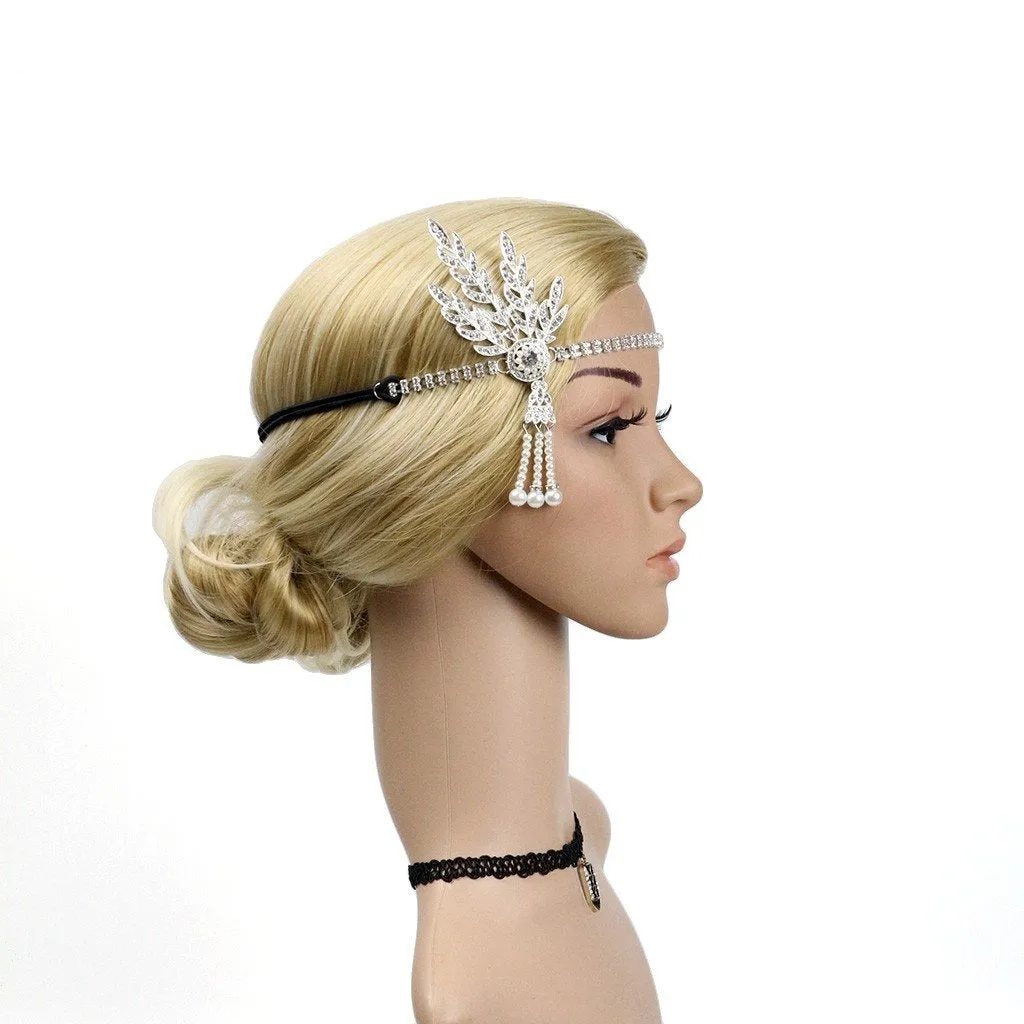 Great Gatsby 1920's Flapper Feather Headdress Fancy Dress - Silver (Style 20)
