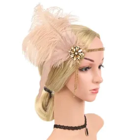 Great Gatsby 1920's Flapper Feather Headdress Fancy Dress - Soft Apricot (Style 33)