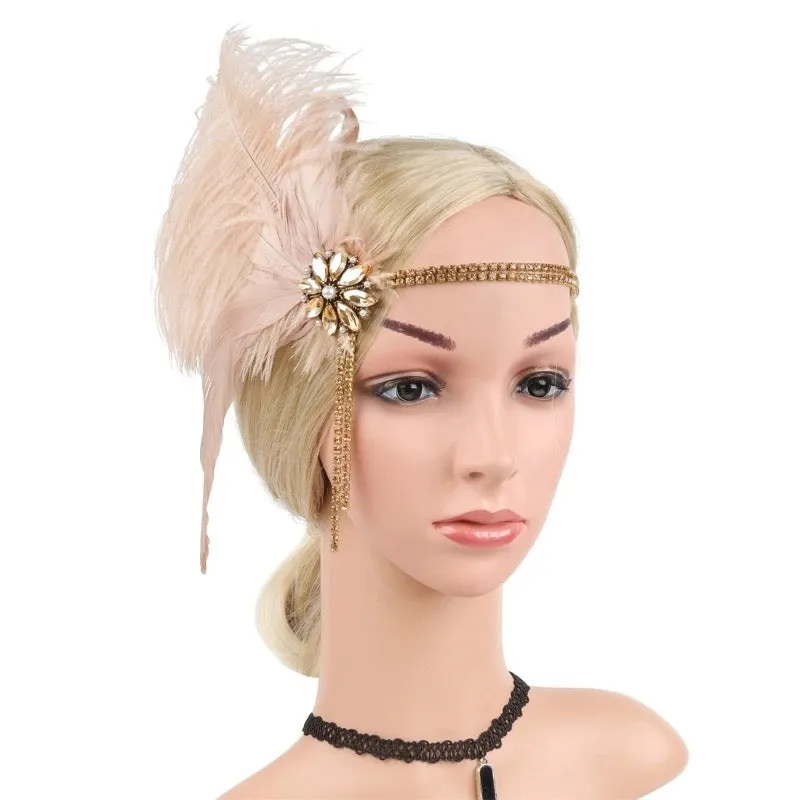 Great Gatsby 1920's Flapper Feather Headdress Fancy Dress - Soft Apricot (Style 33)