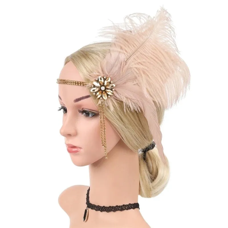 Great Gatsby 1920's Flapper Feather Headdress Fancy Dress - Soft Apricot (Style 33)