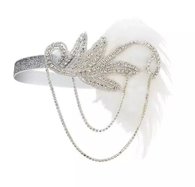 Great Gatsby 1920's Flapper Feather Headdress Fancy Dress - White (Style 18)