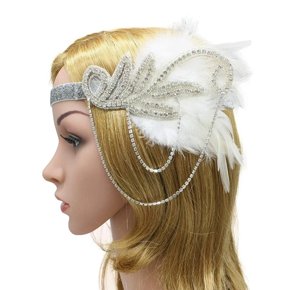Great Gatsby 1920's Flapper Feather Headdress Fancy Dress - White (Style 18)