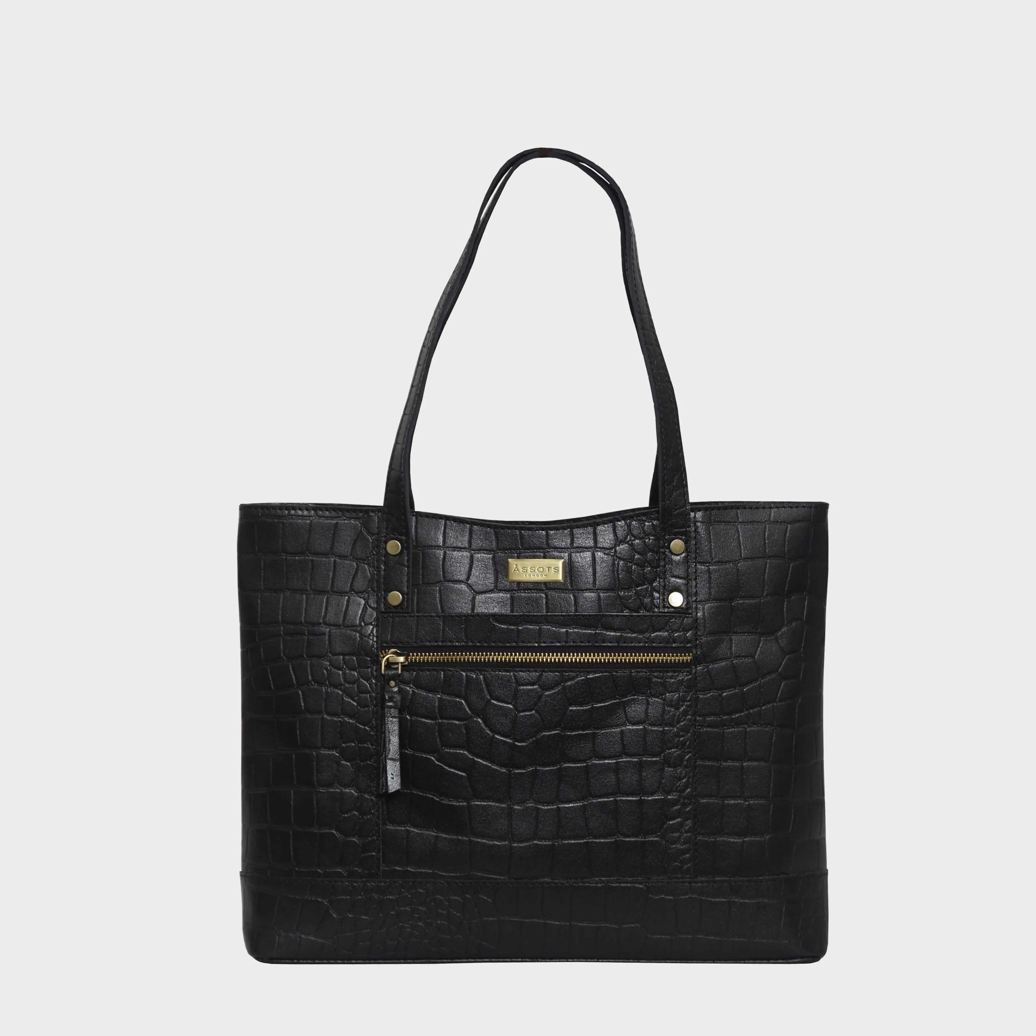 'HELENE' Black Croc Designer Leather Grab Bag