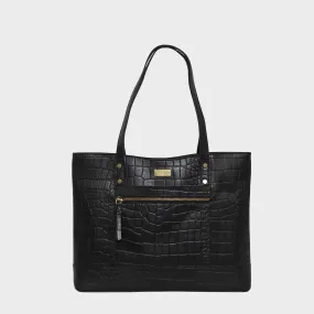 'HELENE' Black Croc Designer Leather Grab Bag