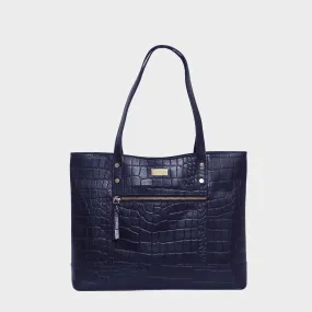 'HELENE' Navy Croc Designer Leather Grab Bag