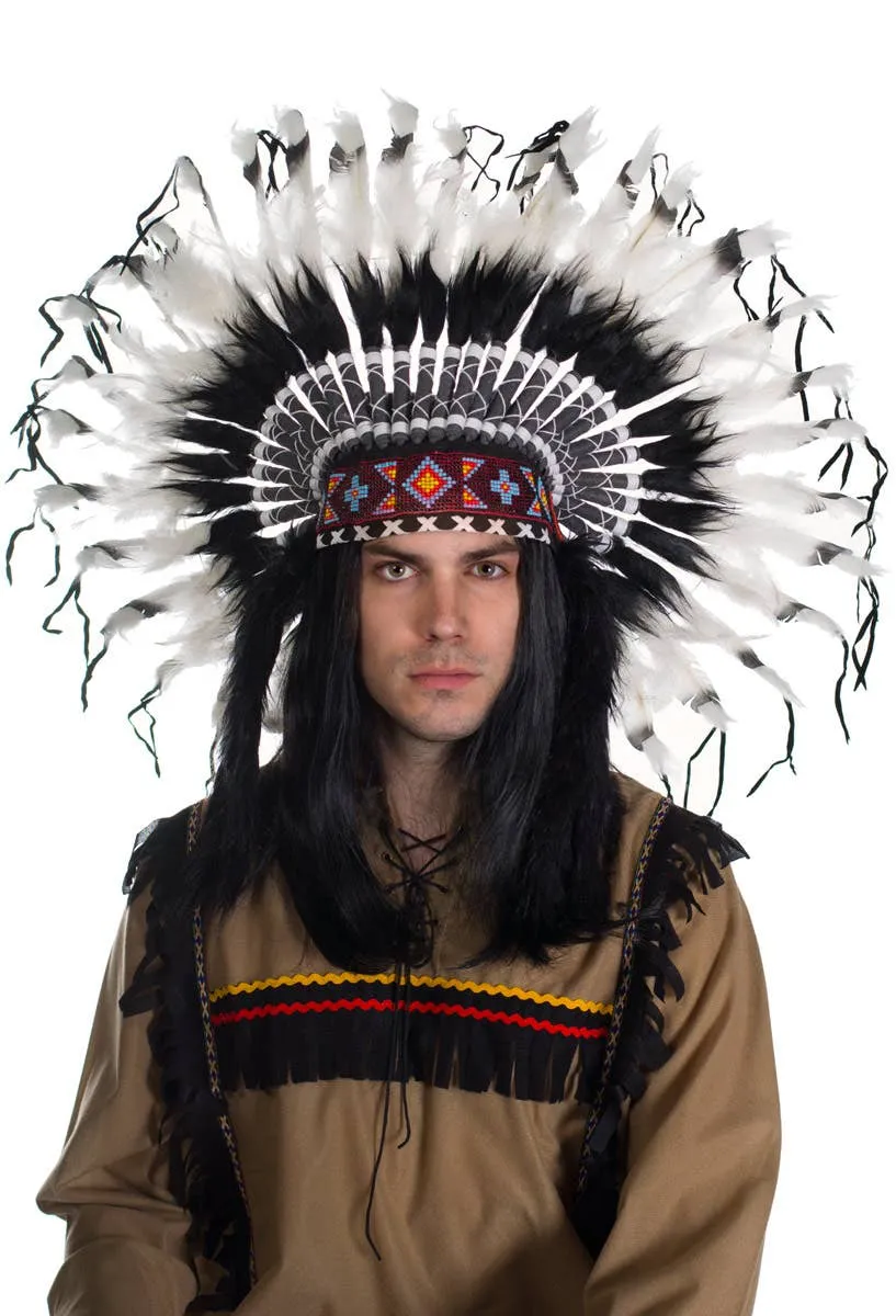 Indian Chief Deluxe Black and White Feather Headdress