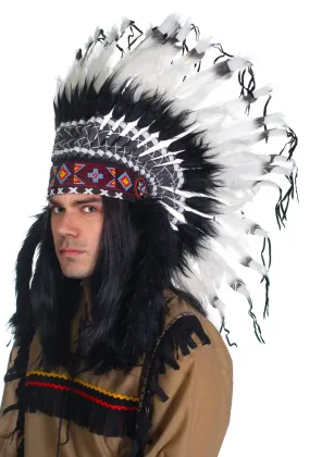 Indian Chief Deluxe Black and White Feather Headdress