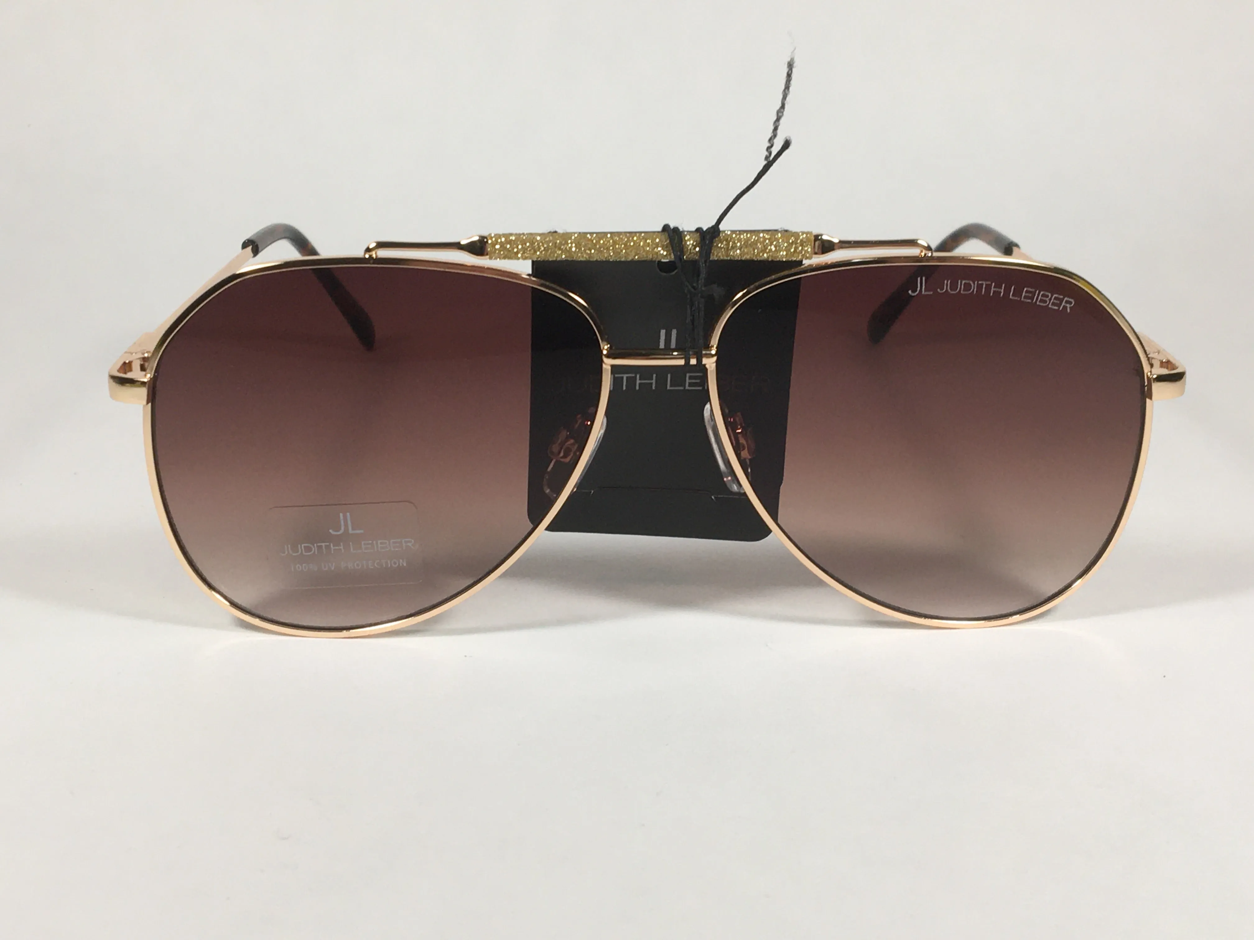 JL By Judith Leiber Lotus Aviator Sunglasses Gold Brown Frame Gold Bar Brown Gradient Lens