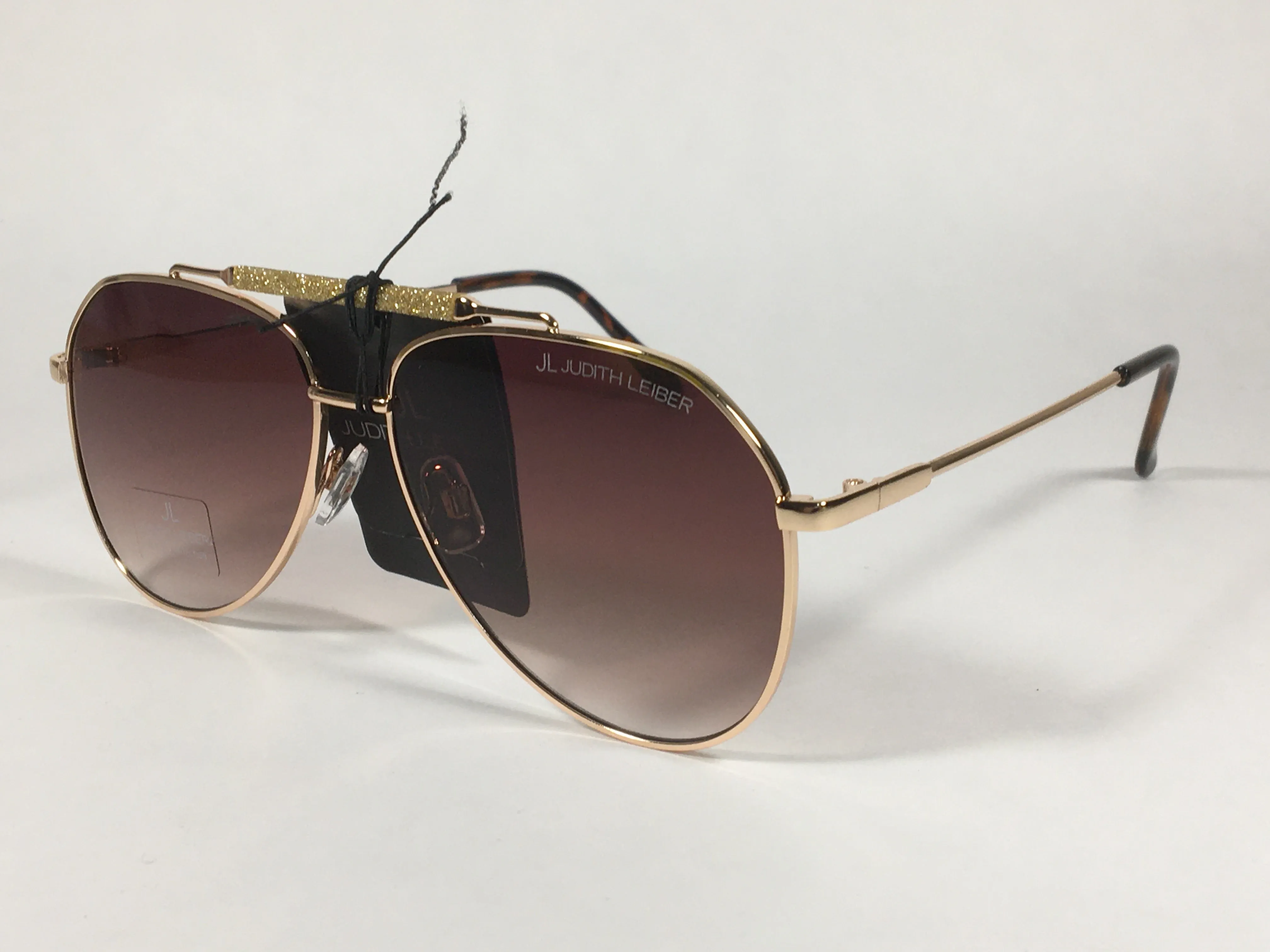 JL By Judith Leiber Lotus Aviator Sunglasses Gold Brown Frame Gold Bar Brown Gradient Lens