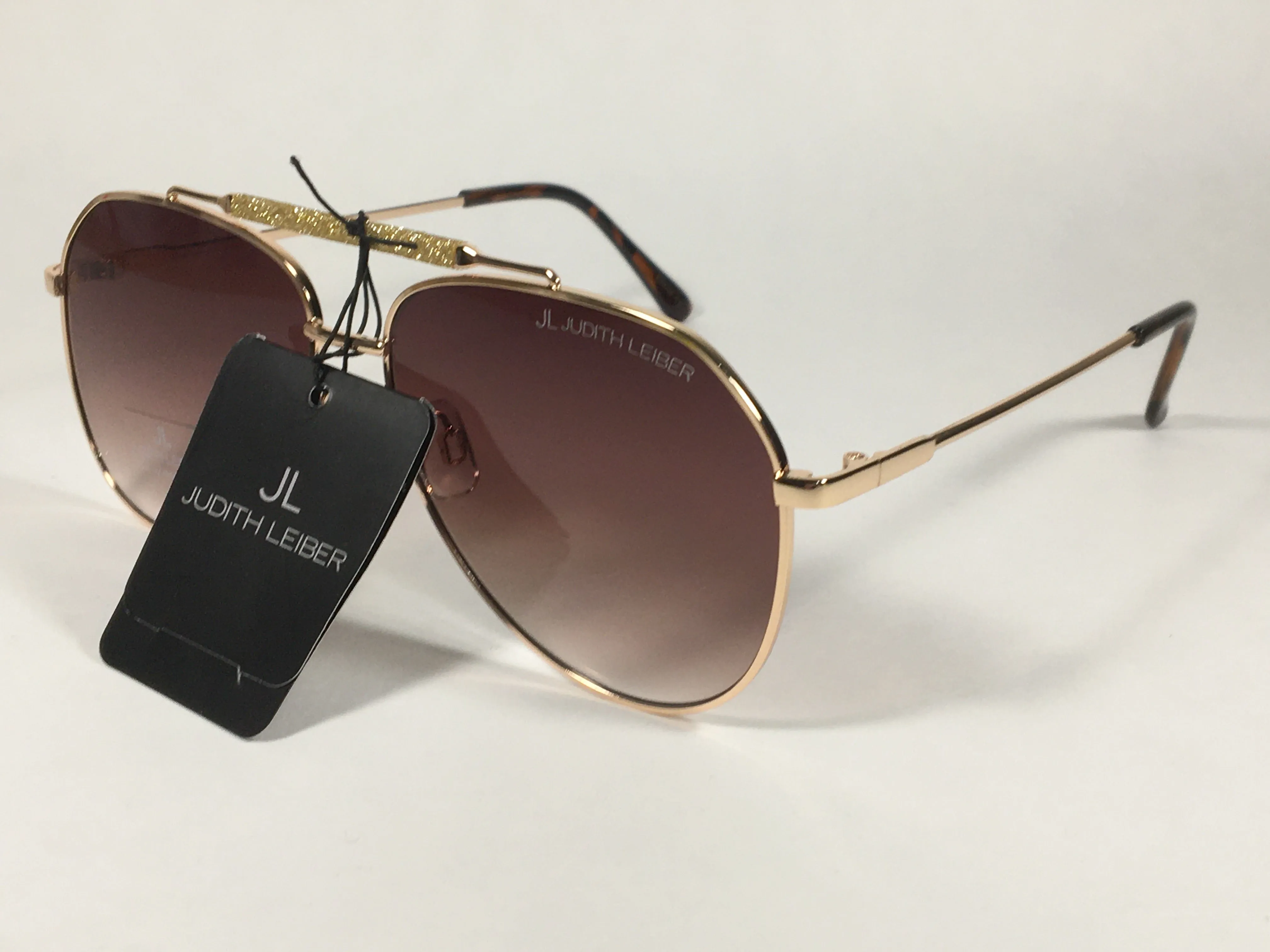 JL By Judith Leiber Lotus Aviator Sunglasses Gold Brown Frame Gold Bar Brown Gradient Lens