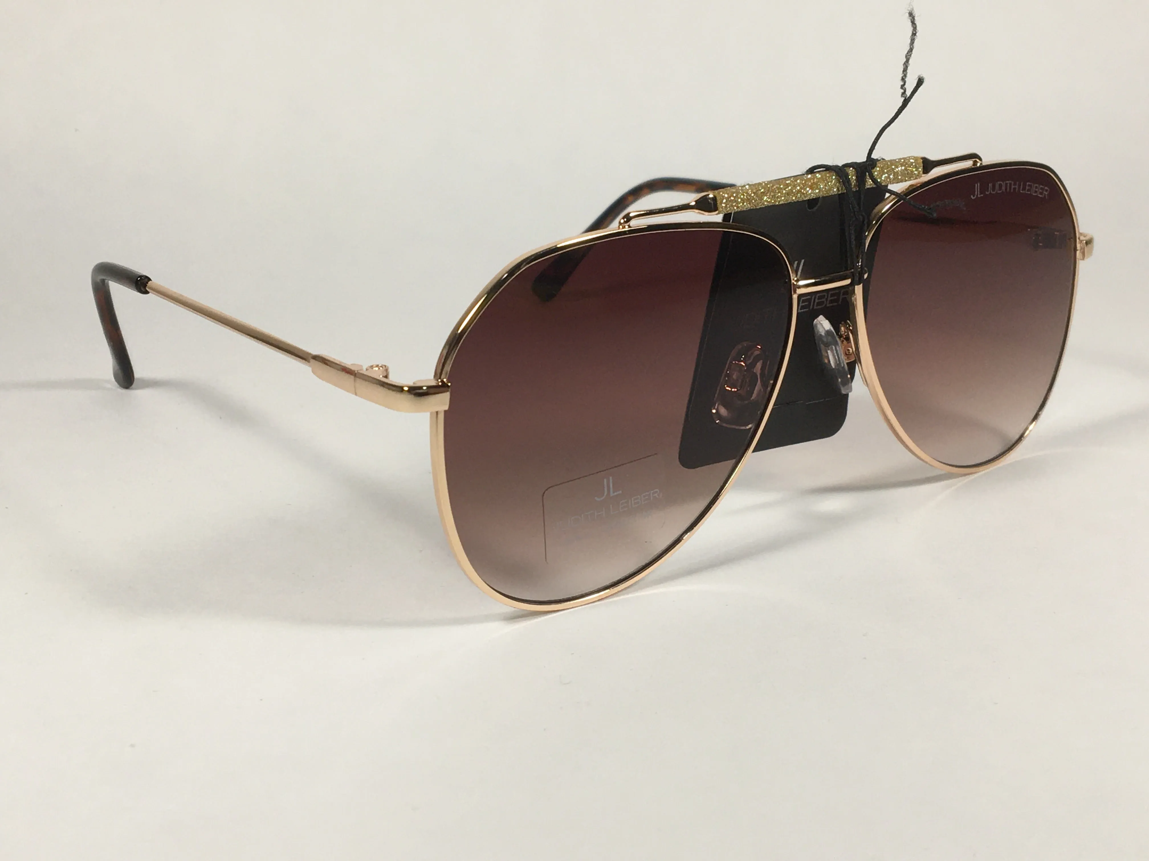 JL By Judith Leiber Lotus Aviator Sunglasses Gold Brown Frame Gold Bar Brown Gradient Lens