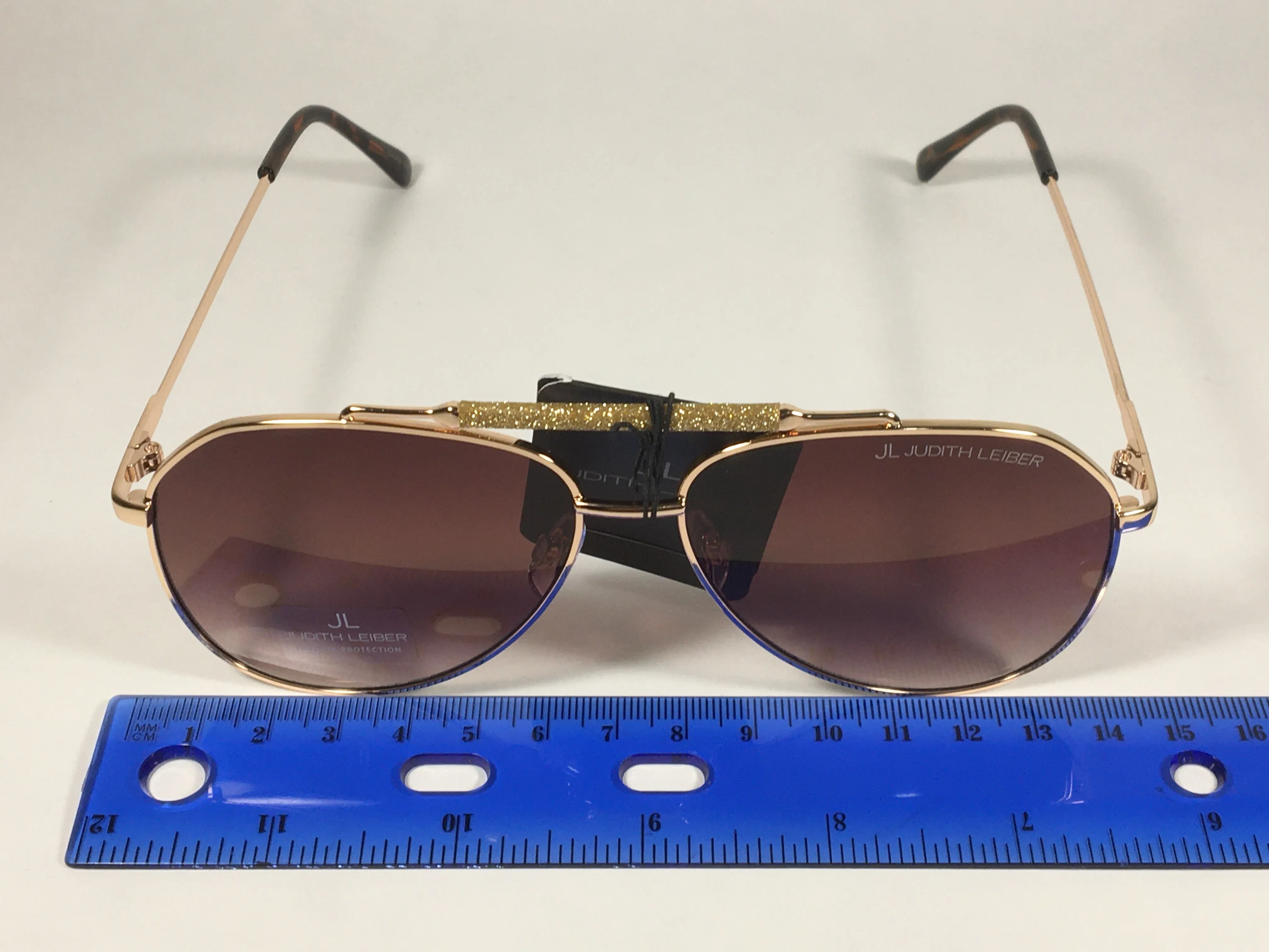 JL By Judith Leiber Lotus Aviator Sunglasses Gold Brown Frame Gold Bar Brown Gradient Lens