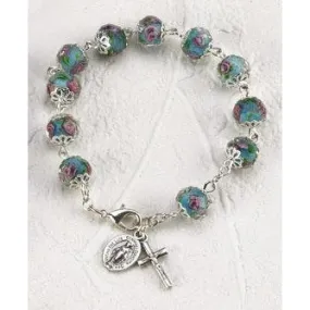 Light Blue Crystal Rosary Bracelet with Pink Rose Painted Beads