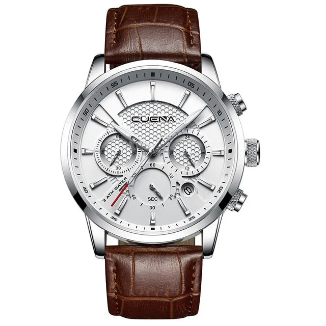 Men's Watches Stopwatch Date Luminous Hands Genuine Leather Waterproof