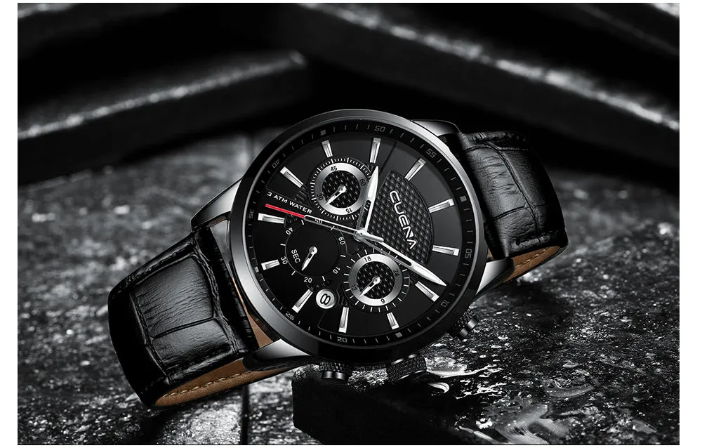 Men's Watches Stopwatch Date Luminous Hands Genuine Leather Waterproof