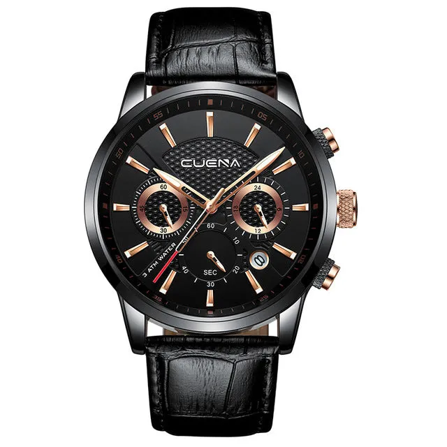 Men's Watches Stopwatch Date Luminous Hands Genuine Leather Waterproof