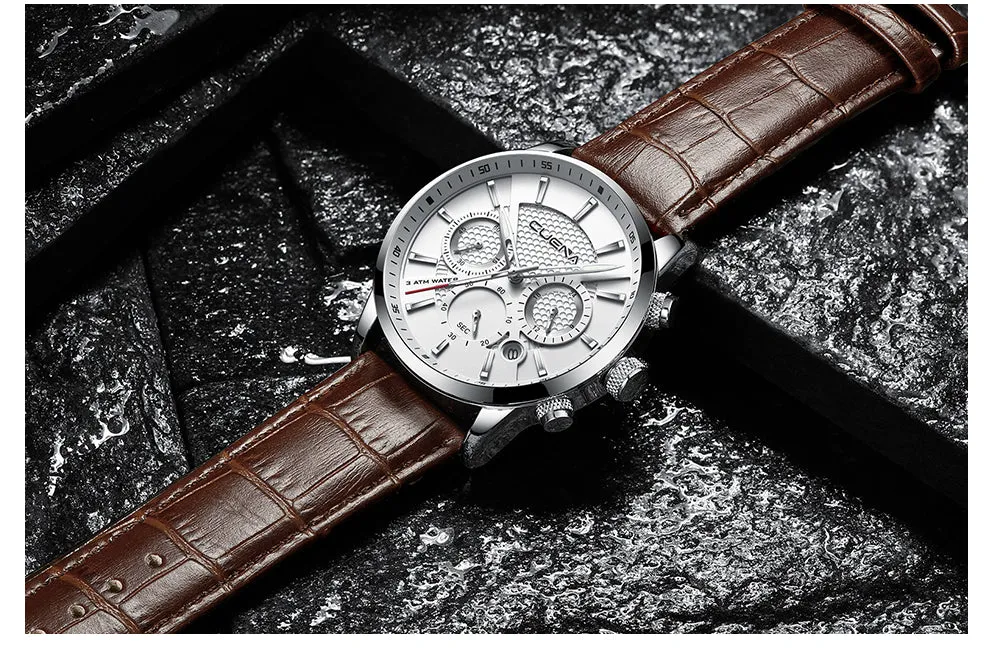 Men's Watches Stopwatch Date Luminous Hands Genuine Leather Waterproof