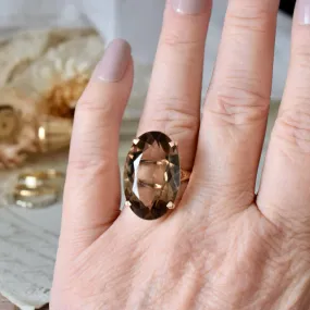 Natural Elongated Oval Cut Smoky Quartz Solitaire Vintage Rings - 14k Rose Gold Vermeil Rings