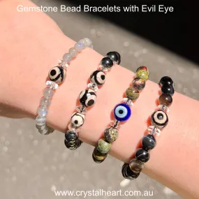 NX Gemstone Bead Bracelets with Evil Eye ~ Black Agate, Dragon Stone, Hematite, Labradorite