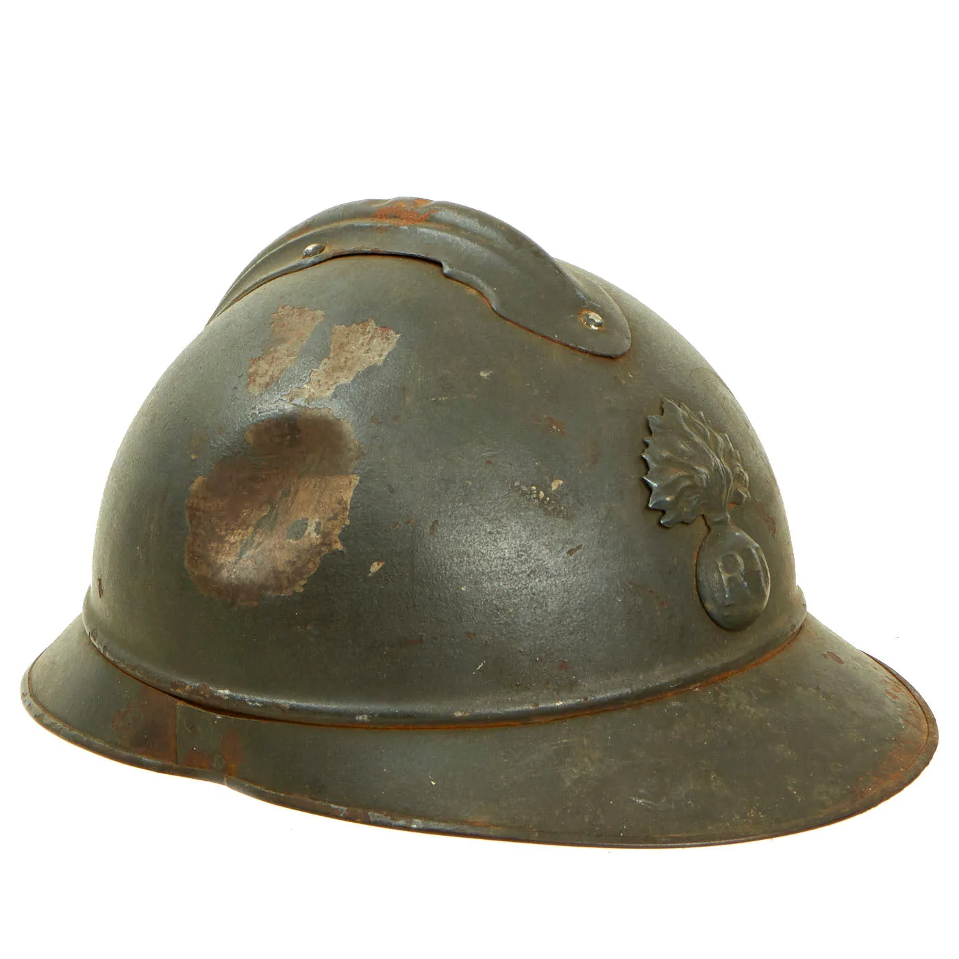 Original French WWI Issue Model 1915 Adrian Helmet in Horizon Blue with RF Badge