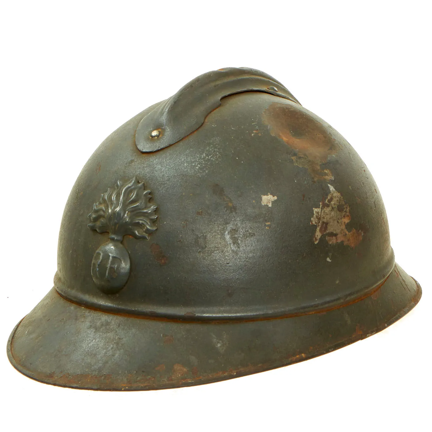 Original French WWI Issue Model 1915 Adrian Helmet in Horizon Blue with RF Badge